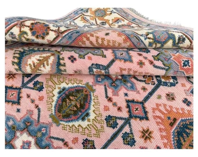 Hand Knotted Oushak Wool Rug: Pink Modern Turkish Area Rug