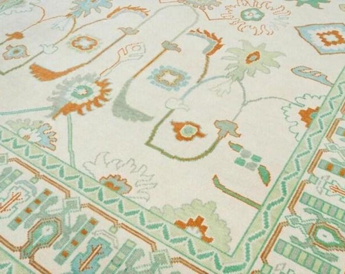 Hand-Knotted Wool Modern Oushak Rug: Beige Antique Turkish Area Rug For Home Decor Office