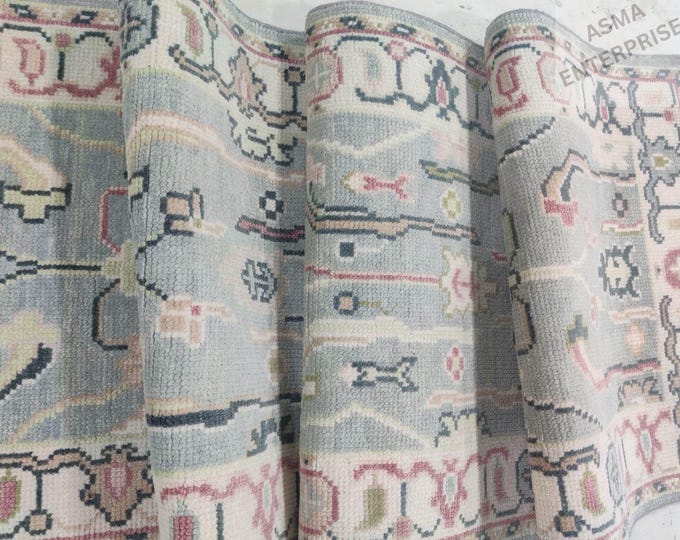 Hand-Knotted Grey Oushak Turkish Runner Rug: New Zealand Wool