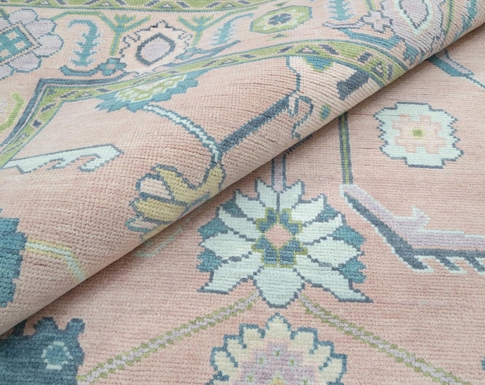 Hand-Knotted Traditional Oushak Rug, Turkish Wool Carpet, Pink & Green Living Room Bedroom Home Decor