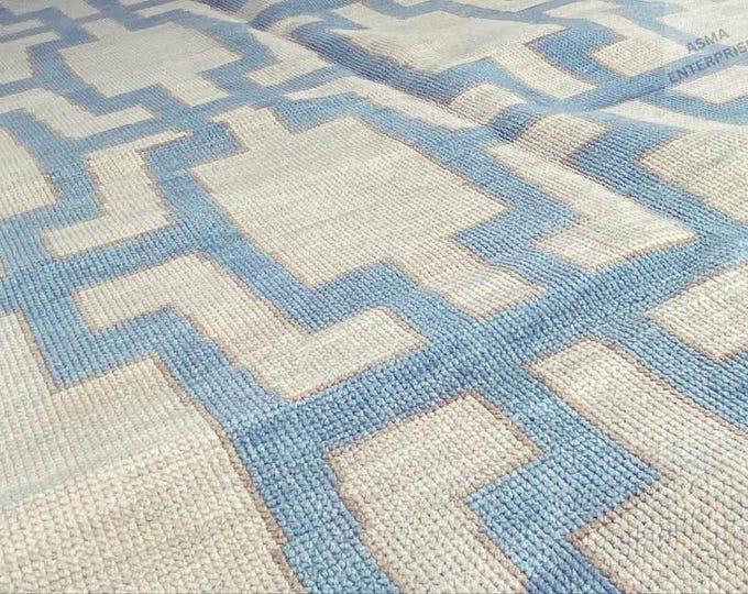 Hand-Knotted Oushak Wool Rug 8x10: Beige & Blue Geometric Design