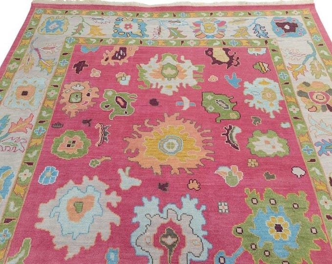 Oushak Rug Pink Colorful Hand Knotted Rug Pink Antique Turkish Wool Area Rug For Living Room Bedroom