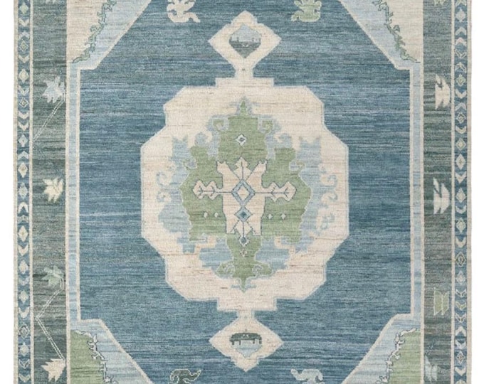 Handmade Oushak Rug, Blue & Green Turkish Area Rug, Vintage Carpet, Living Room Bedroom Decor
