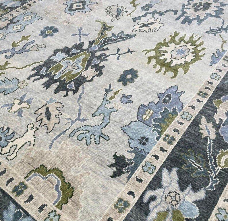 Modern Turkish Oushak Hand Knotted Rug Large Area Rug 8x10, 9x12, 10x14 Gray Colorful Antique Handmade Floor Carpet Rug for Living Room Home