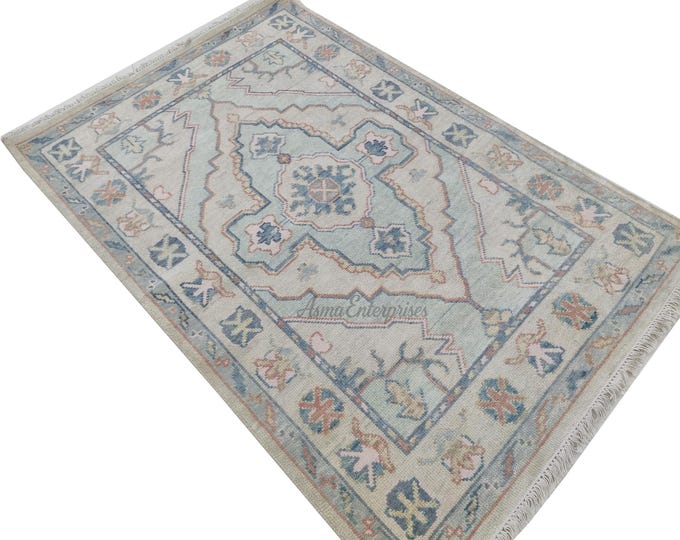 Hand Knotted Oushak Wool Rug: Floral Turkish Area Rug 4x6