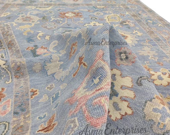 Hand Knotted Oushak Wool Rug 9x12: Antique Pastel Turkish Knot