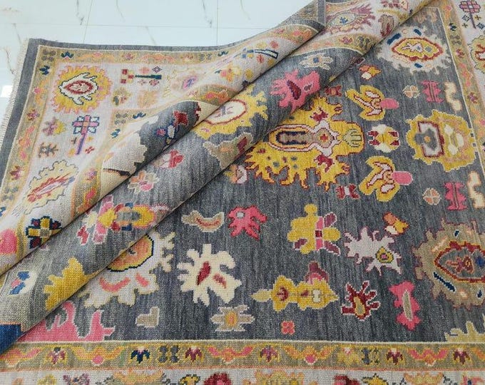 Grey Colorful Oushak Rug, hand Knotted Antique Turkish Wool Rug, Large Area Home Decor
