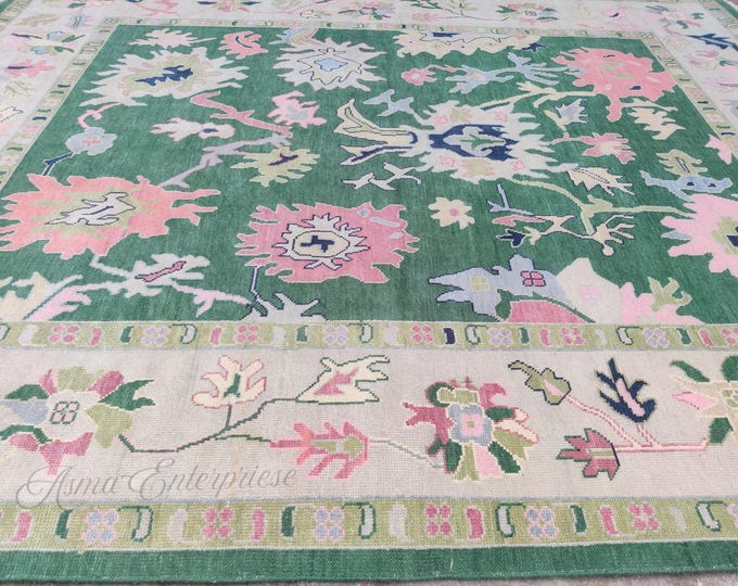 Hand Knotted Green Oushak Rug: Turkish Wool Area Rug
