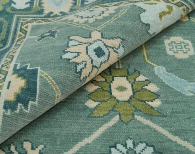Hand-Knotted Oushak Wool Rug: Greenish Turkish Area Rug For Living Room Bedroom Home Decor