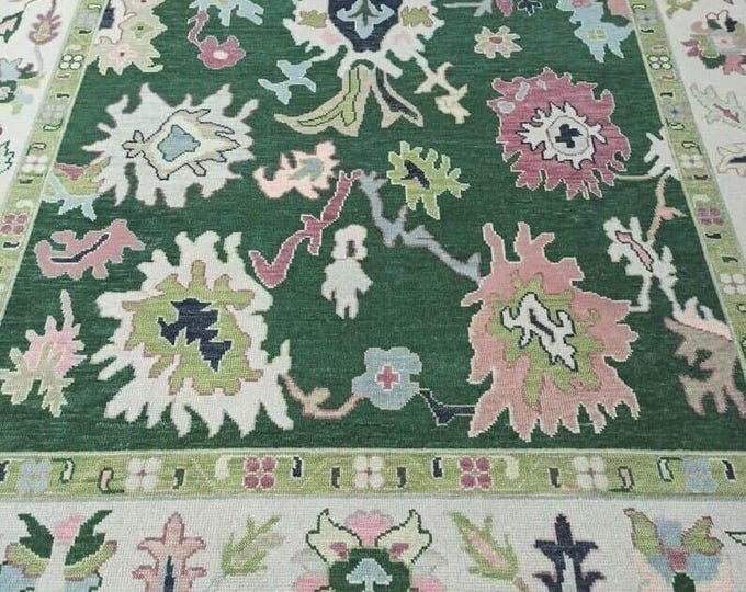 Handmade Green Oushak Rug: New Zealand Wool, Custom Sizes Available