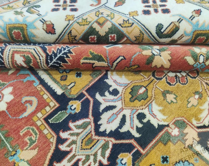 Hand-Knotted Heriz Wool Rug 10x14: Persian Style Serapi Area Carpet
