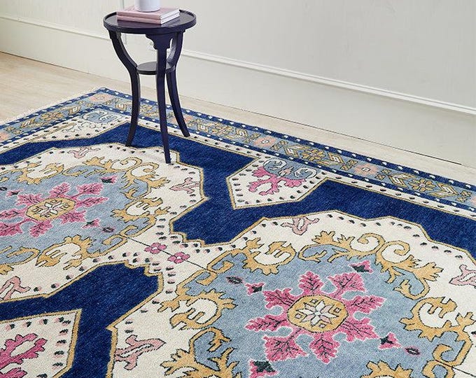 Modern Oushak Rug, Blue High Quality, Hand knotted, Antique Oushak Wool Turkish Area Rug for Living dining Bedroom 6x9/8x10/9x12/10x14/12x15