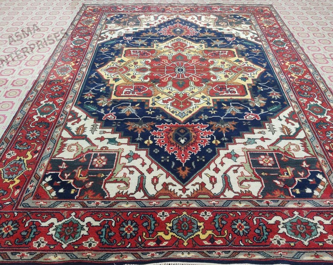 Hand-Knotted Heriz Serapi Oushak Wool Rug 9x12: Modern Floral Area Rug