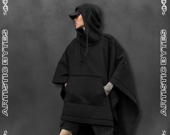 Schwarzer Gothic Baumwoll Poncho mit verstellbarer Kapuze, Bauchtasche Poncho, Streetwear Pullover Poncho, Alt Kleidung, Poncho Hoodie, Goth Mantel