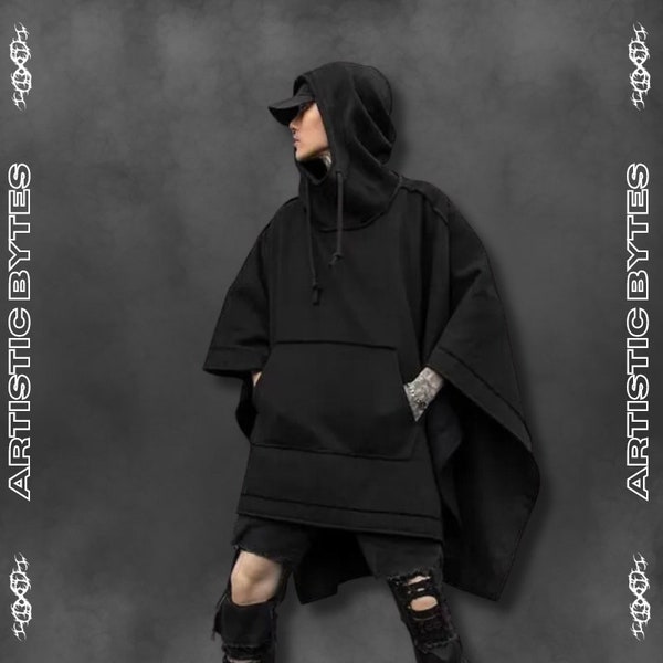 Poncho gothique en coton noir à capuche réglable, poncho avec poche sur le ventre, poncho streetwear à enfiler, vêtements alternatifs, poncho à capuche, pardessus gothique