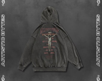 Black Oversized Drop Shoulder Gothic Hoodie, Madeectreeme Print Hoodie, Washed Hoodie, Jesus On Cross Print Hoodie, Brutal Streetwaer Hoodie