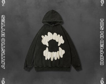 Sudadera con capucha holgada rasgada, suéter bordado, sudadera con capucha con mandíbula bordada, sudadera con capucha de mordedura de vampiro, sudadera con capucha unisex Y2K streetwear, sudadera con capucha con parche de dientes