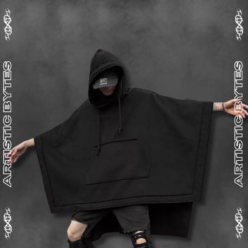 Poncho gothique en coton noir à capuche réglable, poncho avec poche sur le ventre, poncho streetwear à enfiler, vêtements alternatifs, poncho à capuche, pardessus gothique image 2