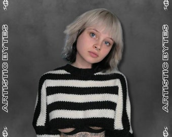 Knitted Black And White Crop Top Sweaterm Horizontally Striped Alt Sweater, Emo Sweater, Longsleeved Crop Top, Loose Fit Crop Top Sweater