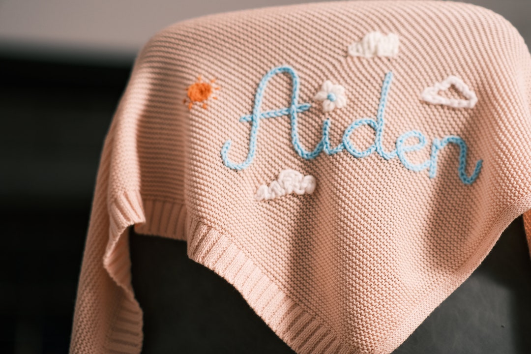 Custom Handembroidered Knit Baby Blanket Personalized Name Etsy