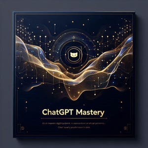 Pode incluir: Imagem quadrada azul escuro com detalhes e texto dourados. As palavras "ChatGPT Mastery" são douradas. A imagem apresenta um logotipo de gato dourado e um design de onda dourada. O texto na parte inferior diz "Its on names dgglplente, a espromotiones on al epi porezca..."
