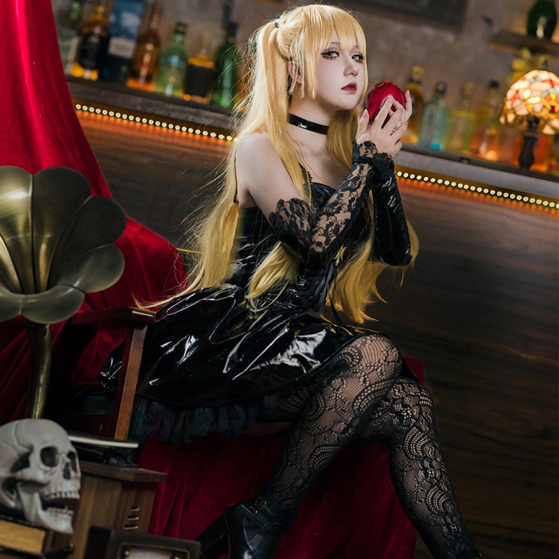 Gothic Anime Cosplay Costume Misa PU Leather Spaghetti Straps Dress