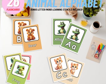 Animal Alphabet Flashcards, Educational Printable Cards with *BONUS* ABC Learning Activity Sheets. Pre-School Kids Cards - Instant Download