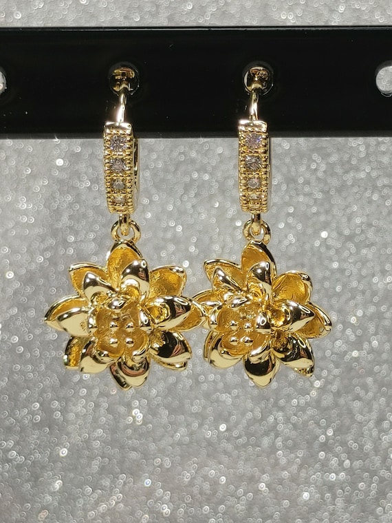 18kt Gold Plated Brass Cubic Zirconia Lever-back Hoops with Golden Lotus Flower Charms