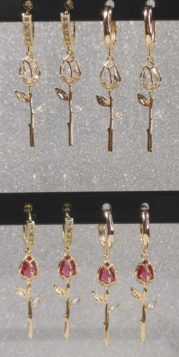 18kt Gold Plated Brass Cubic Zirconia Lever-back Hoops with Golden Plated Brass Cubic Zirconia Rose Charms (Red or Colorless)