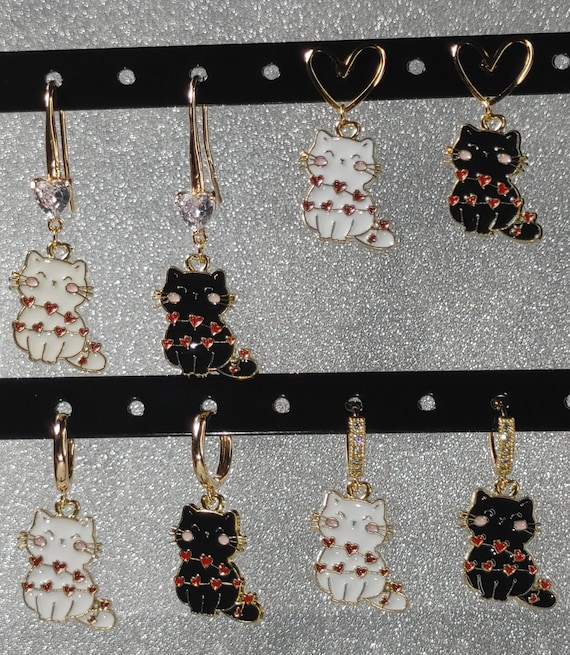 18kt Gold Plated Brass Earrings with Enamel White and Black Cat Charms with Hearts (4 Variations)