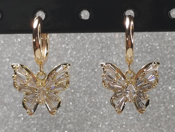 18kt Gold Plated Brass Lever-back Hoops with Golden Plated Copper Cubic Zirconia Butterfly Charms