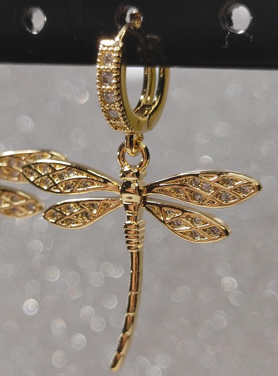 18kt Gold Plated Brass Cubic Zirconia Lever-back Hoops with 18kt Gold Plated Brass Cubic Zirconia Dragonfly Charms