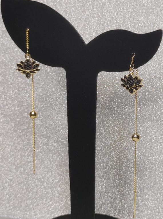 18kt Gold Plated Brass Threader Earrings with Golden Black Cubic Zirconia Lotus Charms