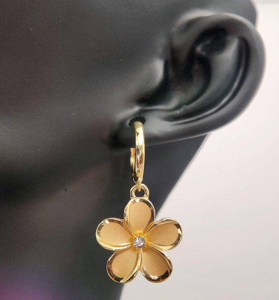 Golden Plumeria Flower Hoop Earrings And Necklaces (With or Without Cubic Zirconia)