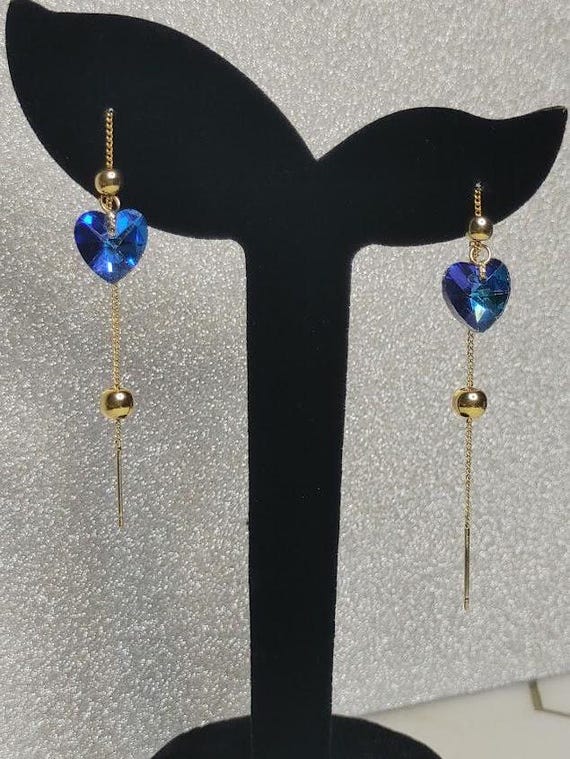 18kt Gold Plated Brass Threader Earrings with Glass Heart Charms