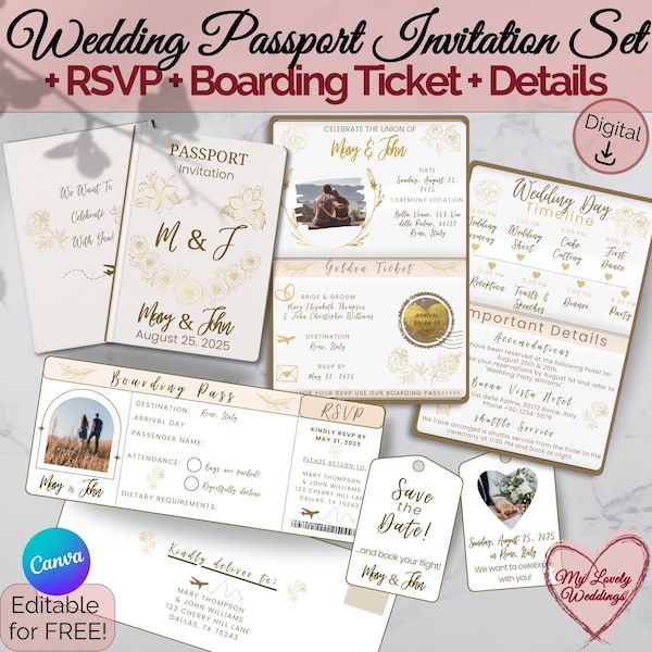 Passport Wedding Invitation Template, Wedding Timeline,Travel Boarding Pass, Destination Wedding, Fake Plane Ticket