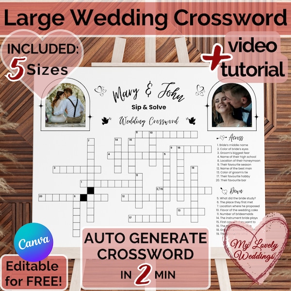 Large Wedding Crossword Puzzle, Wedding Table Games, Personalized Puzzle, Sip and Solve Reception Game, Wedding Activity Sign