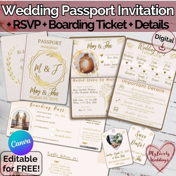 Reisepass Hochzeit Einladungsvorlage, editierbare Bordkarte, Hochzeit Timeline, Reiseziel Hochzeit, druckbare Canva Reisepass Vorlage