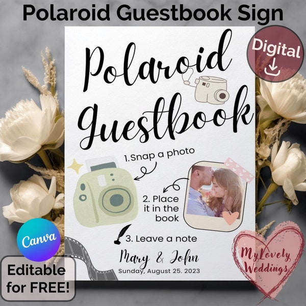 Editable Photo Guestbook Sign Canva Template, Modern Instax Mini Polaroid Camera Wedding Sign, Wedding Reception Film Photo Guest Book Sign