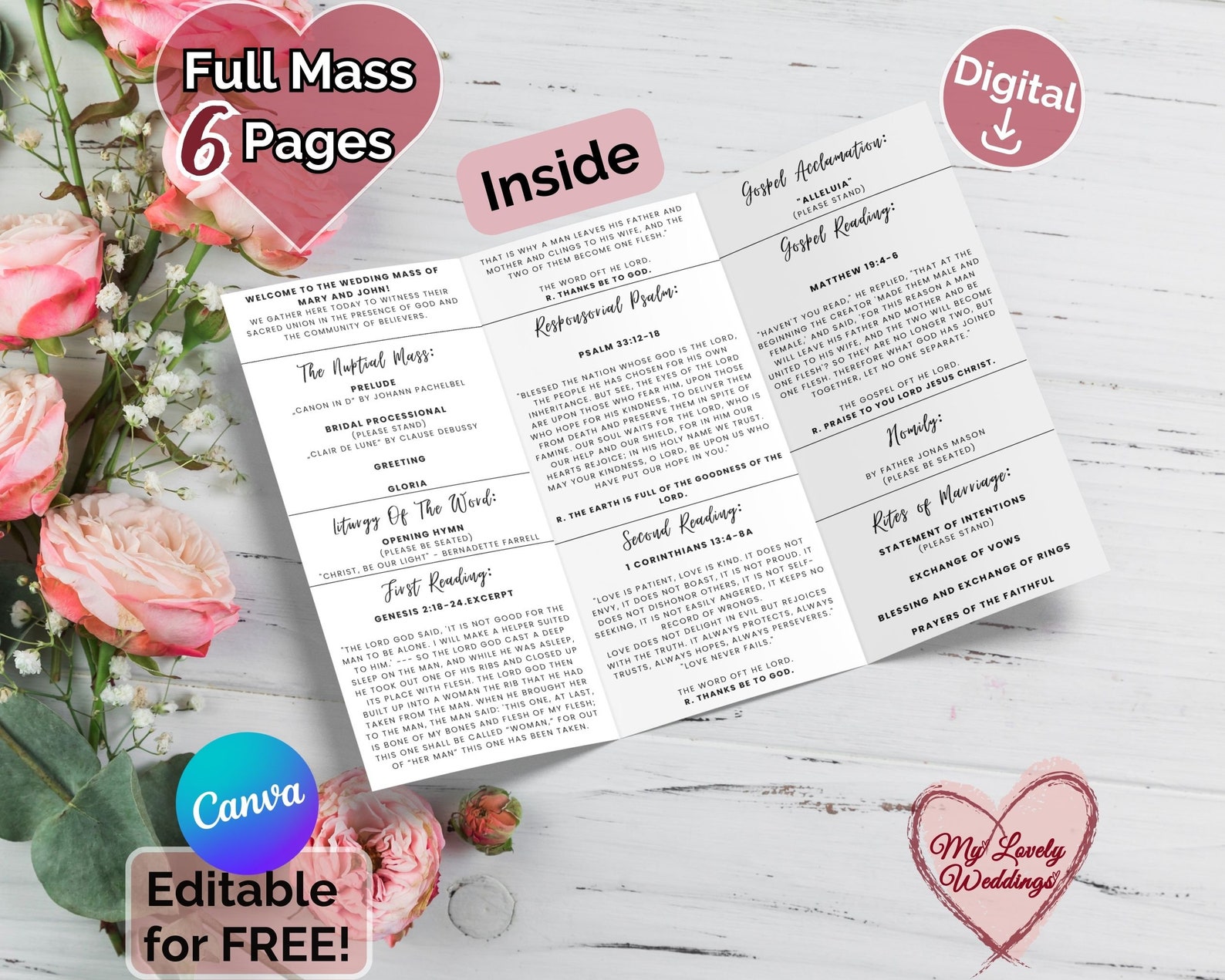 Editable Catholic Wedding Program Template, White Trifold Full Mass ...