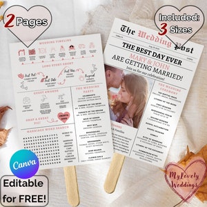 Modern wedding program fan, wedding newspaper timeline program, wedding ceremony program Canva template download