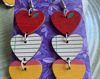 Dangle Heart Earrings for Teachers, Professors, Librarians, and Educators. Great Apple Earrings for Teachers, Preschool Workers, Principals