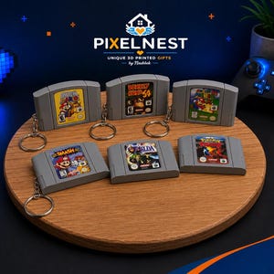 Nintendo 64 Nyckelring – Mini N64-kassett – Retro Gamer-present – ​​Urval av 17 klassiska spel – Gaming-nyckelring 3D-utskrift