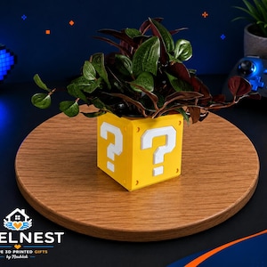 Gamer-blomkruka i retro frågeteckendesign | 3D-utskriven skrivbordsdekoration | Spelrumsinredning | Växthållare | Super Mario