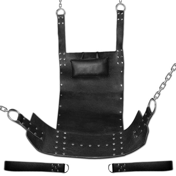 Hand-crafted 100% Genuine Black Leather Sex Swing Sling With Cushion | Gay Sex Sling | Sex Sling With Stirrups Bondage | Adult Play Hammock.