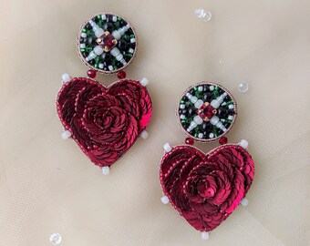 Romantic Red Earrings with hearts and roses, embroidered earrings, handmade red roses dangling earrings, large handling beaded earrings