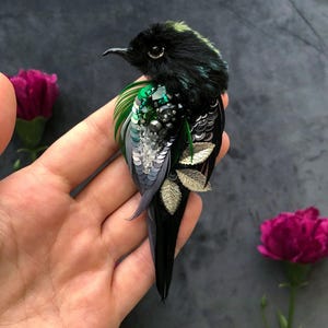 Handmade black beaded bird brooch raven brooch crown pin with bird monochrome embroidered brooch feather brooch Christmas gift