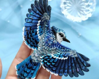 Handmade beaded blue jay brooch Embroidered blue bird brooch Titmouse Gift for bird lovers Christmas gift Blue bird patch