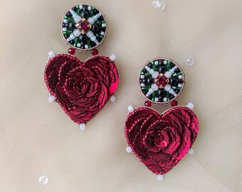 Earrings with hearts and roses, red embroidered heart earrings, Christmas dangling earrings, large handling beaded earrings with crystals