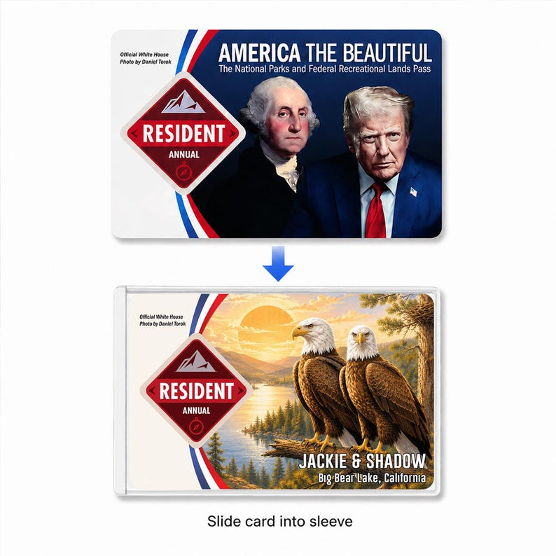Puede incluir: Un conjunto de tarjeta y funda titulado America The Beautiful The National Parks and Federal Recreational Lands Pass. La tarjeta muestra a George Washington y Donald Trump. La funda muestra dos &aacute;guilas calvas, Jackie y Shadow.